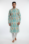 Men's Teal Orange Wave Digital Print Kurta Pyjama Set