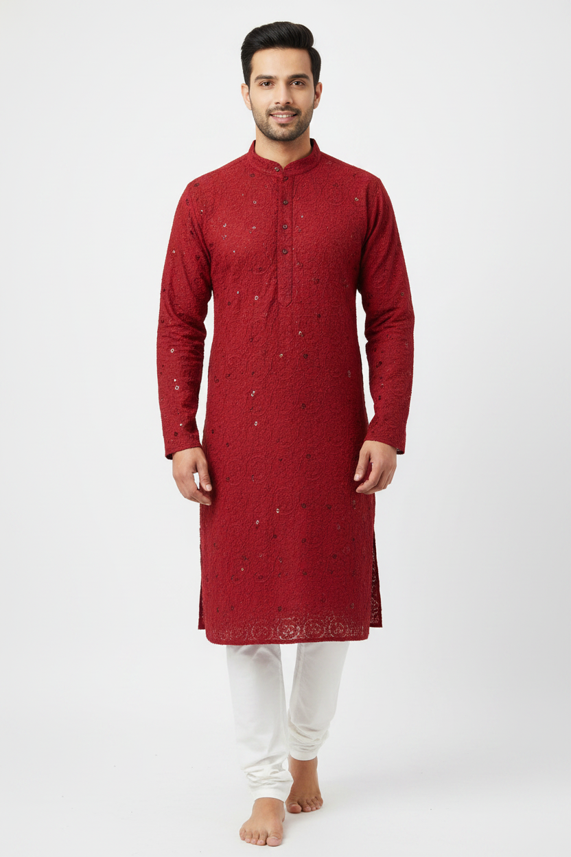 Men's Deep Red Chikankari Kurta Pyjama Set