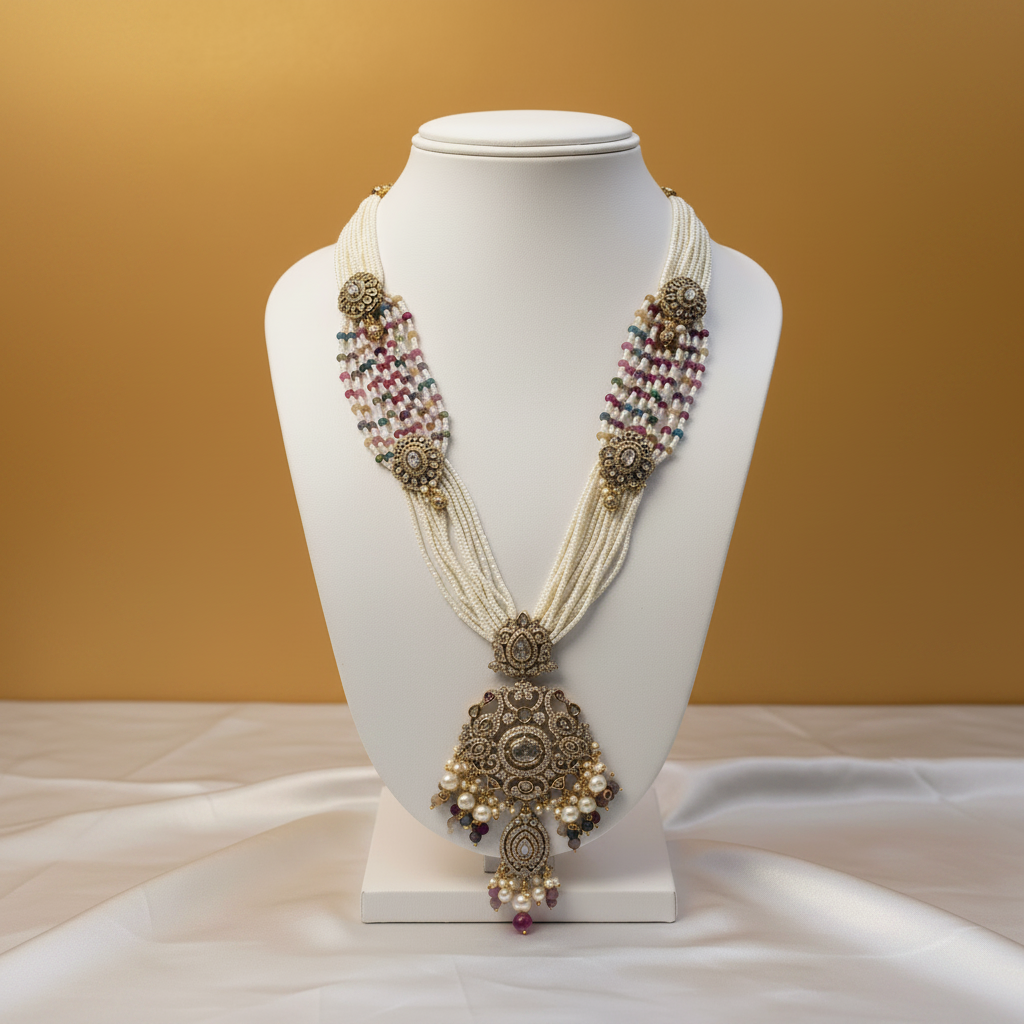 Pearl Multicolour Bead Long Necklace - Square Display