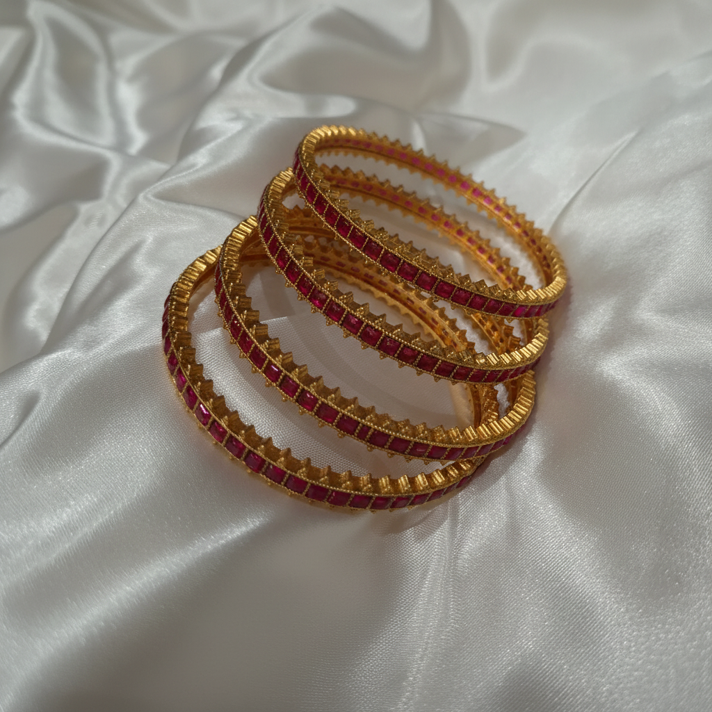 Ruby red stone gold bangles on white satin