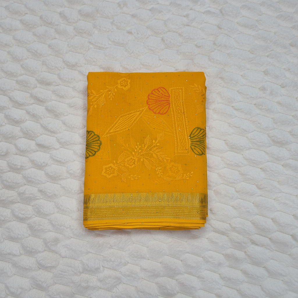 Mustard Yellow Embroidered Georgette Saree styled image 2