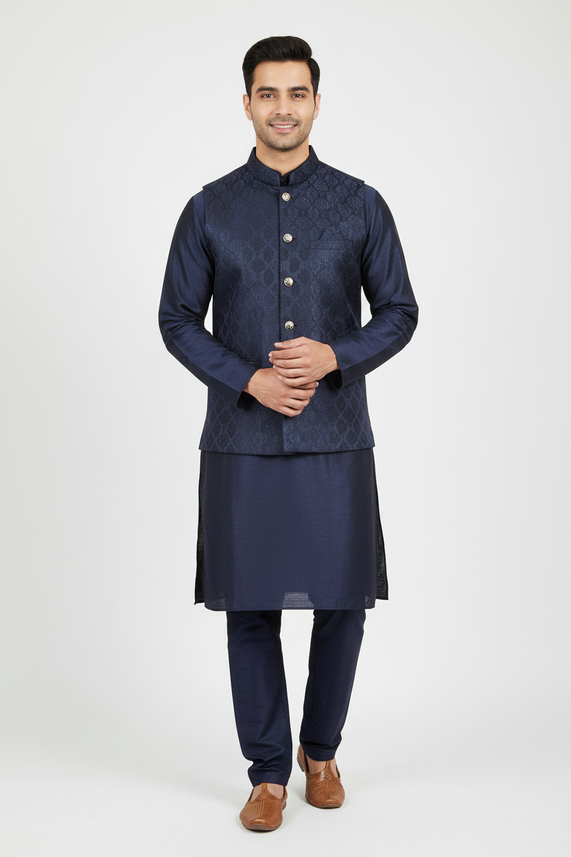 Men's Navy Blue 3-Piece Kurta Pyjama Set with brocade waistcoat