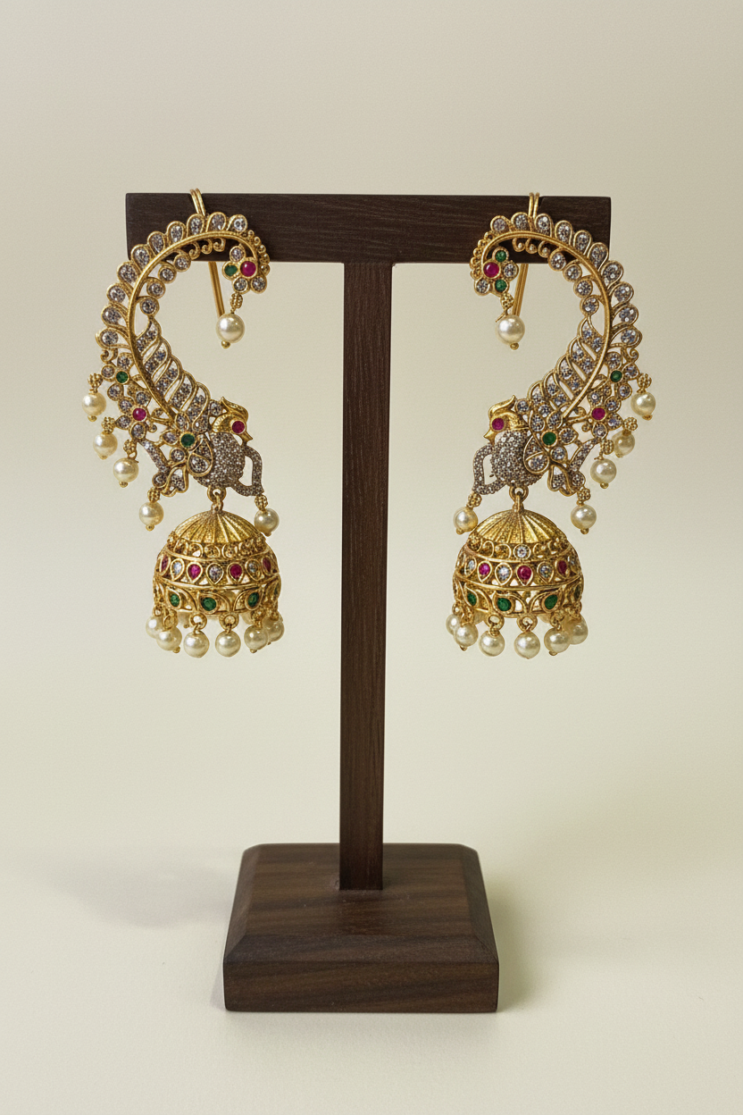 Gold Peacock Spread Wings Ear Cuff - dark brown stand
