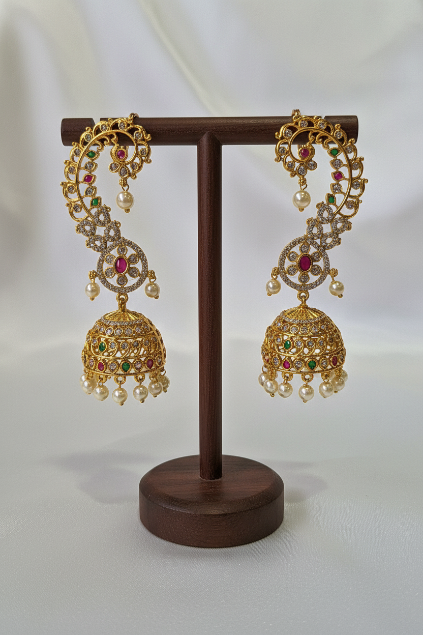 Gold Filigree Ear Cuff Jhumka - dark brown stand