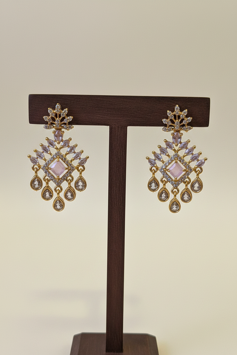 Gold Baby Pink CZ Chandelier - close-up dark brown stand