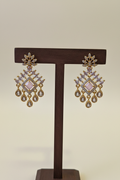 Gold Baby Pink CZ Chandelier - close-up dark brown stand