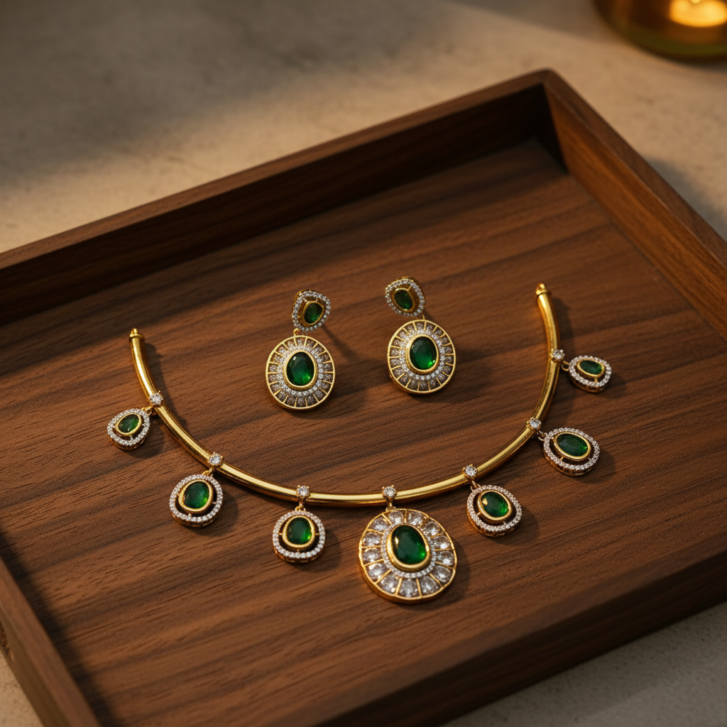 Gold emerald hasli choker on wooden tray