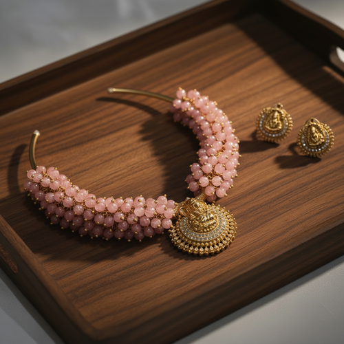 Blush Pink Lakshmi Temple Choker Set on wooden tray