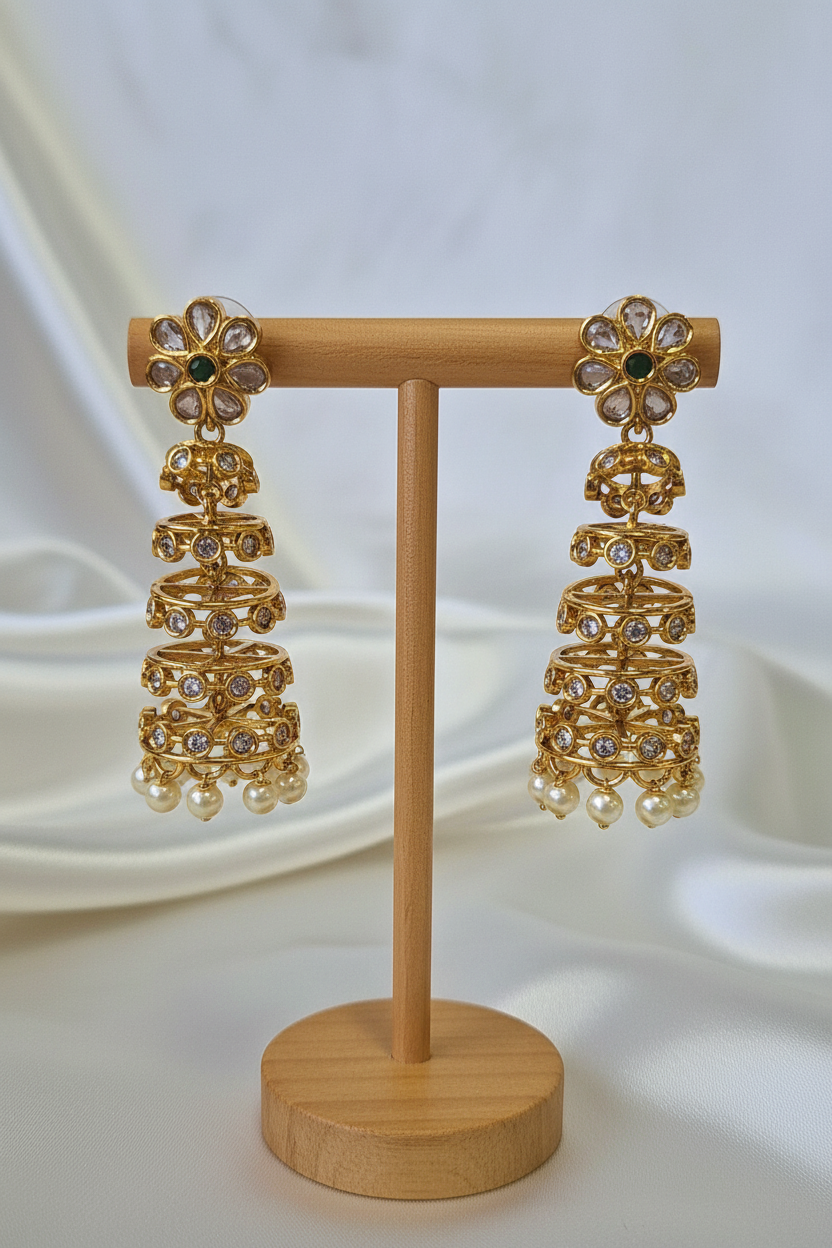 Kundan Flower Cage Jhumka on T-bar stand
