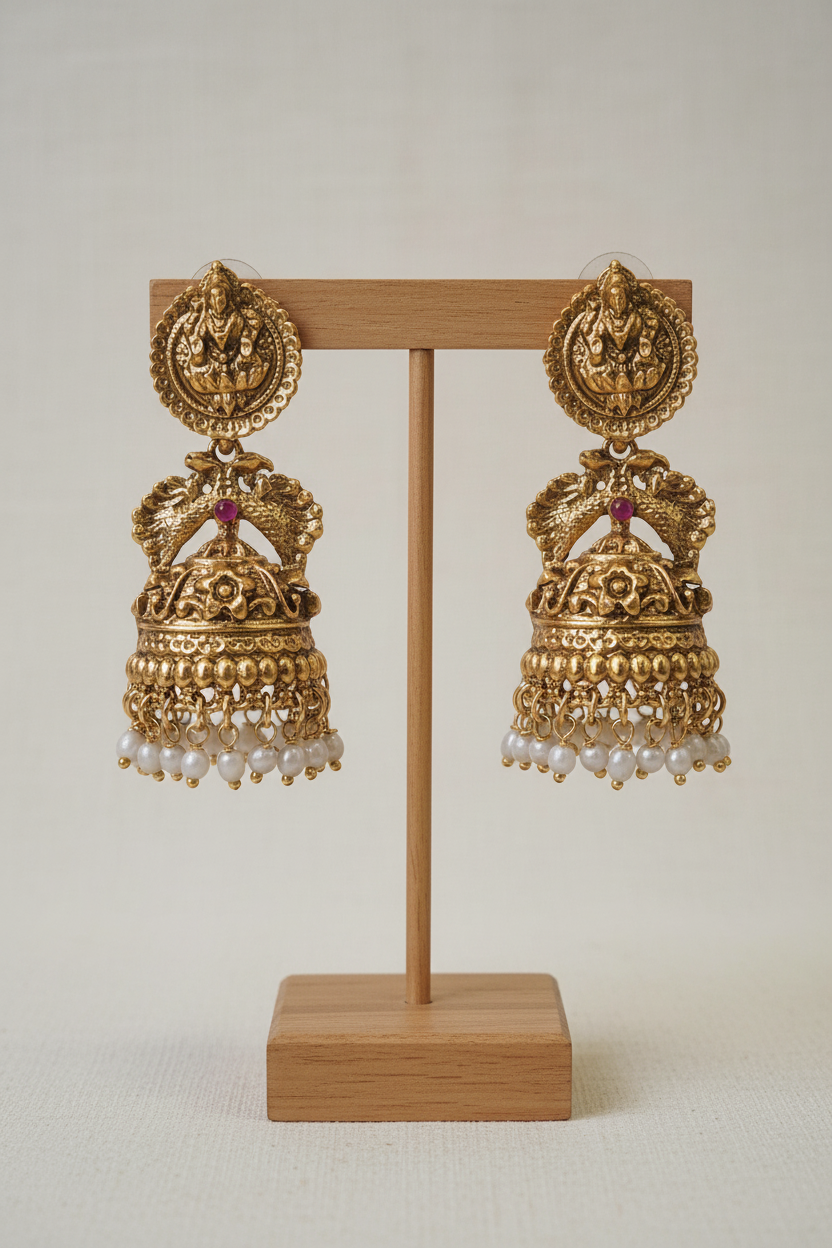Lakshmi Peacock Temple Jhumka on T-bar stand