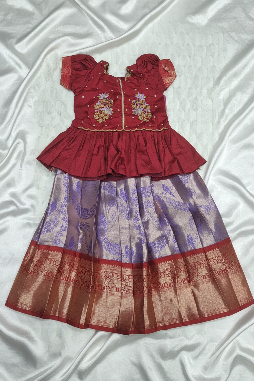 Maroon Embroidered Pattu Pavadai White Satin