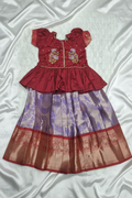 Maroon Embroidered Pattu Pavadai White Satin