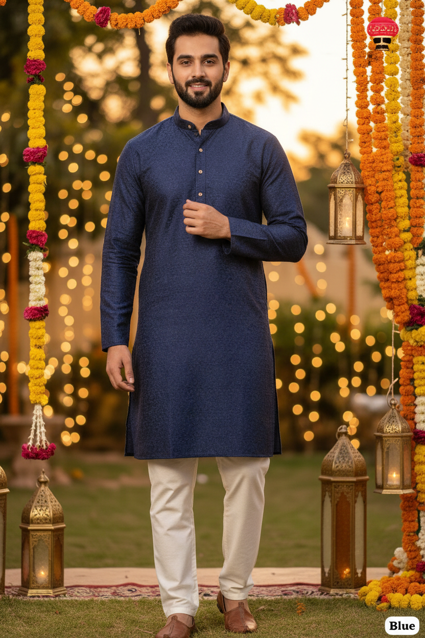 Men's Jacquard Kurta Pyjama Set - Blue