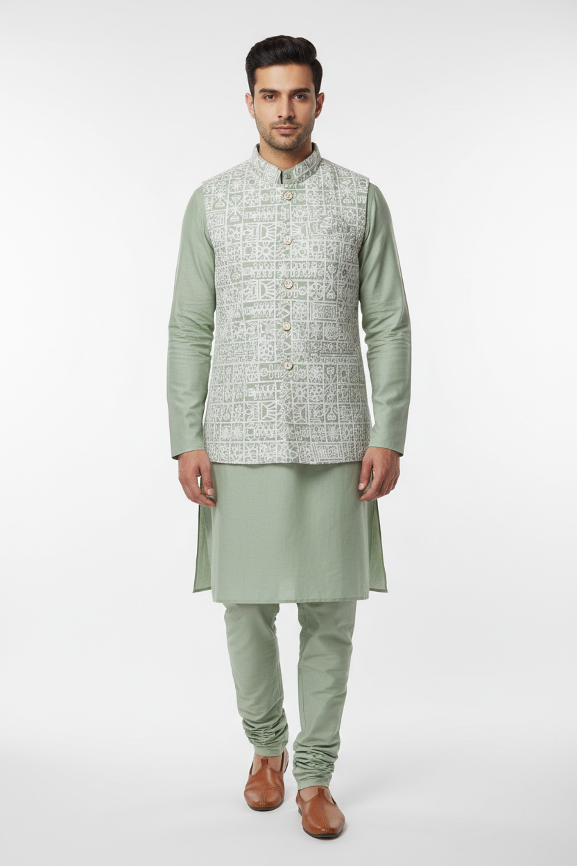 Men's Model - 3-Piece Kurta Set with Embroidery Coat