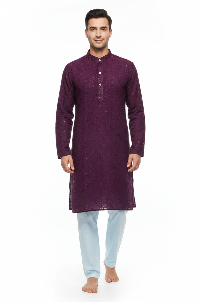 Men's Wine Purple Chikankari Kurta with Light Blue Pyjama