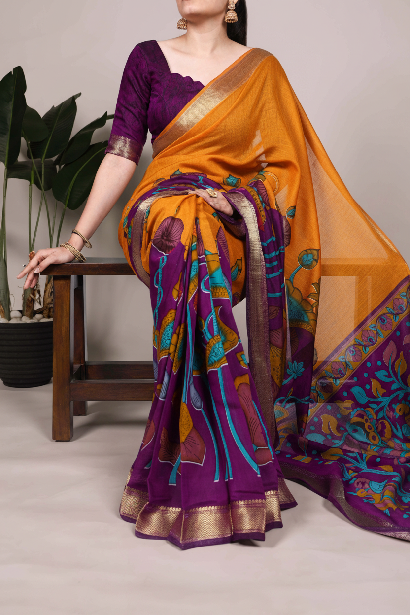 Orange and Purple Kalamkari Saree