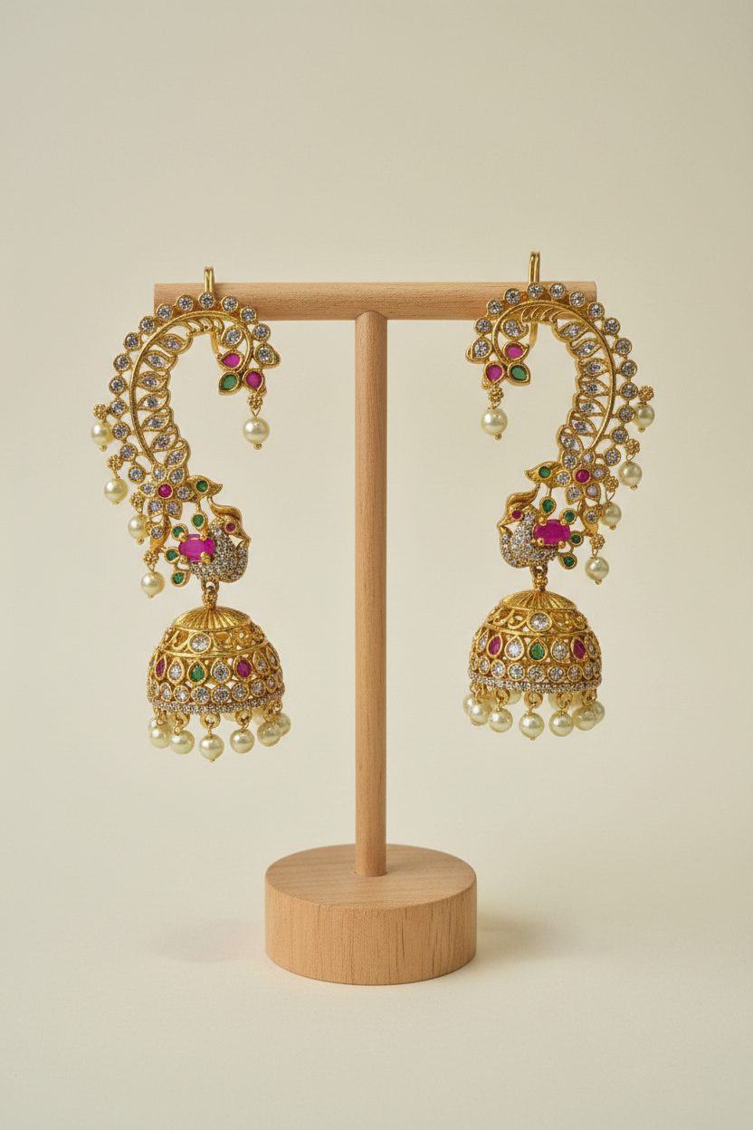 Peacock Ear Cuff Jhumka on T-bar stand
