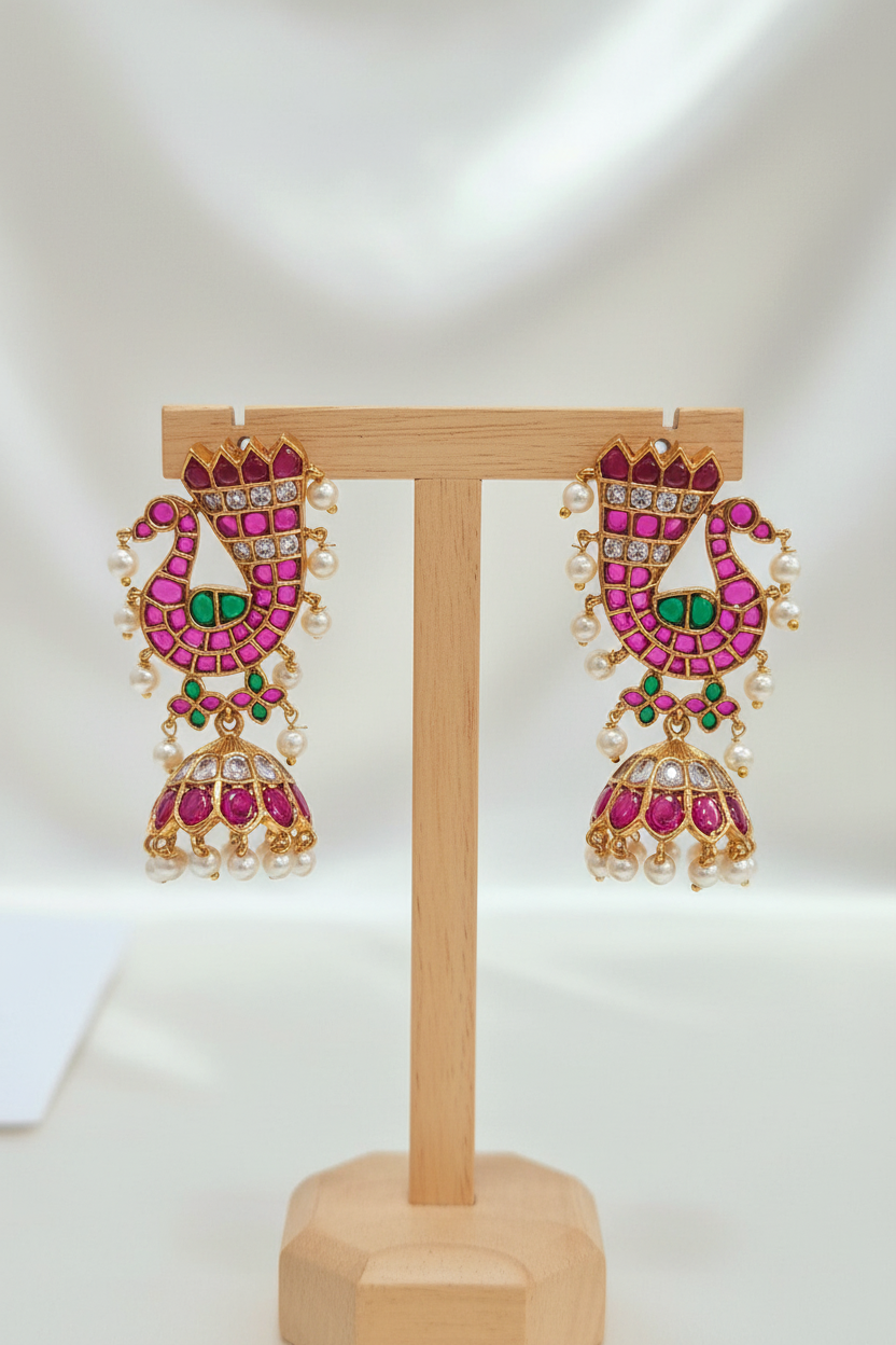 Peacock Jhumkas - On Stand