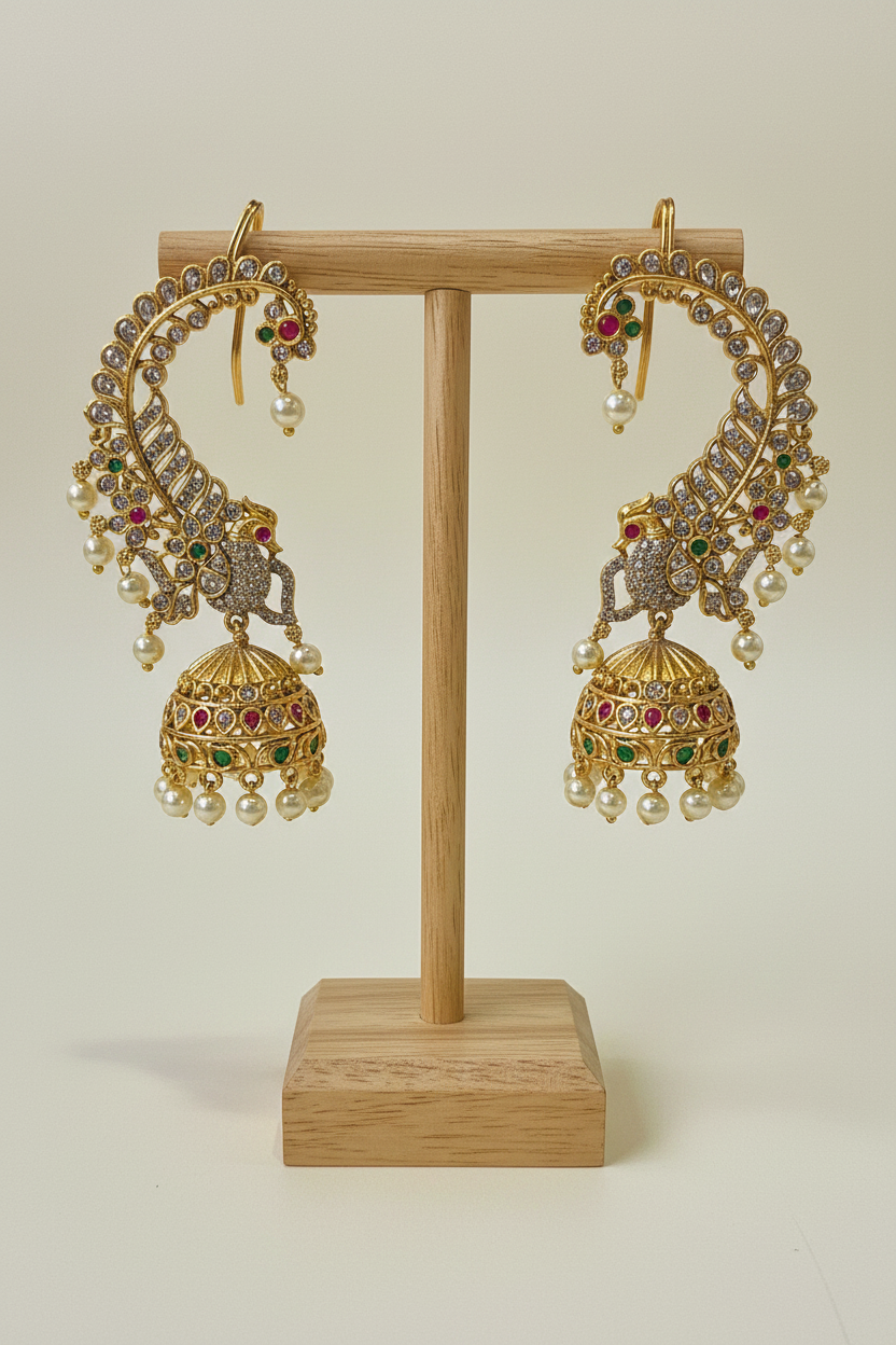 Peacock Spread Wings Ear Cuff on T-bar stand