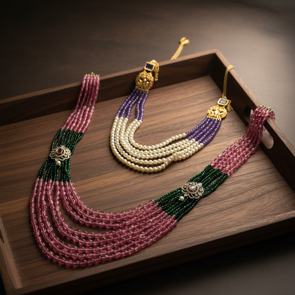 Purple Pink Two Necklaces on Wooden Tray
