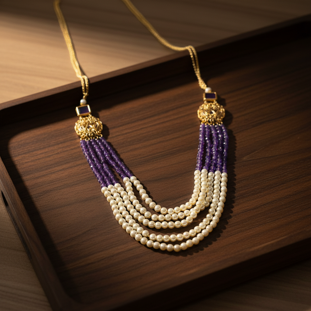 Purple White Pearl Short Necklace on Wooden Tray