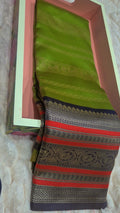 Olive Green Soft Silk Saree with Dark Navy & Red Contrast Border