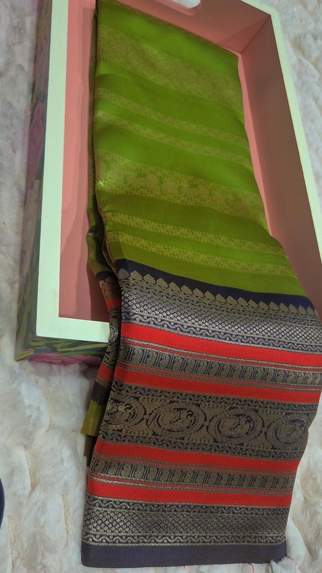 Olive Green Soft Silk Saree with Dark Navy & Red Contrast Border