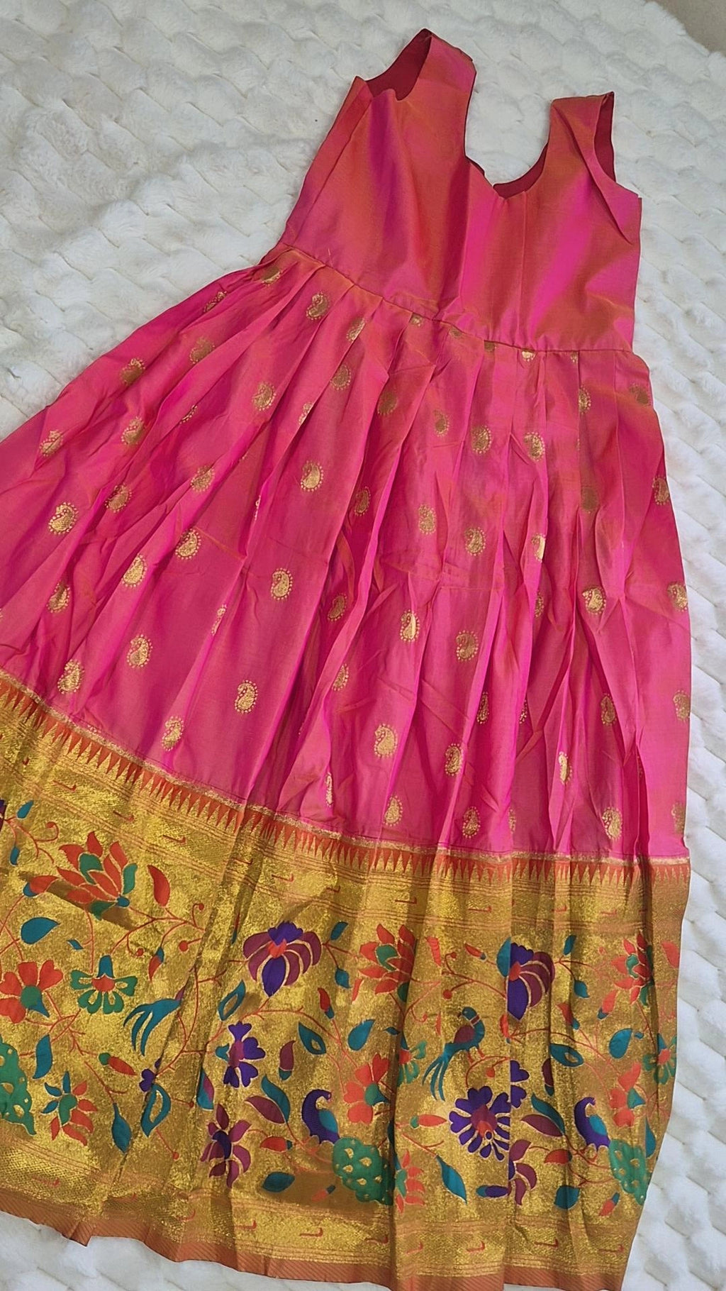 Kids Pattu Pavada – Pink & Blue Floral Border (10–12 Years)