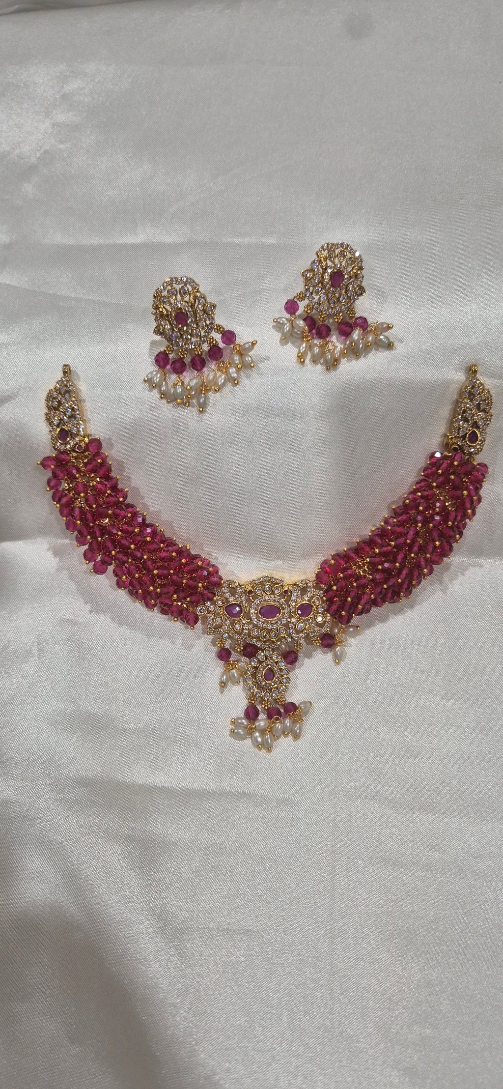 Ruby Red Pearl Choker Set with Earrings