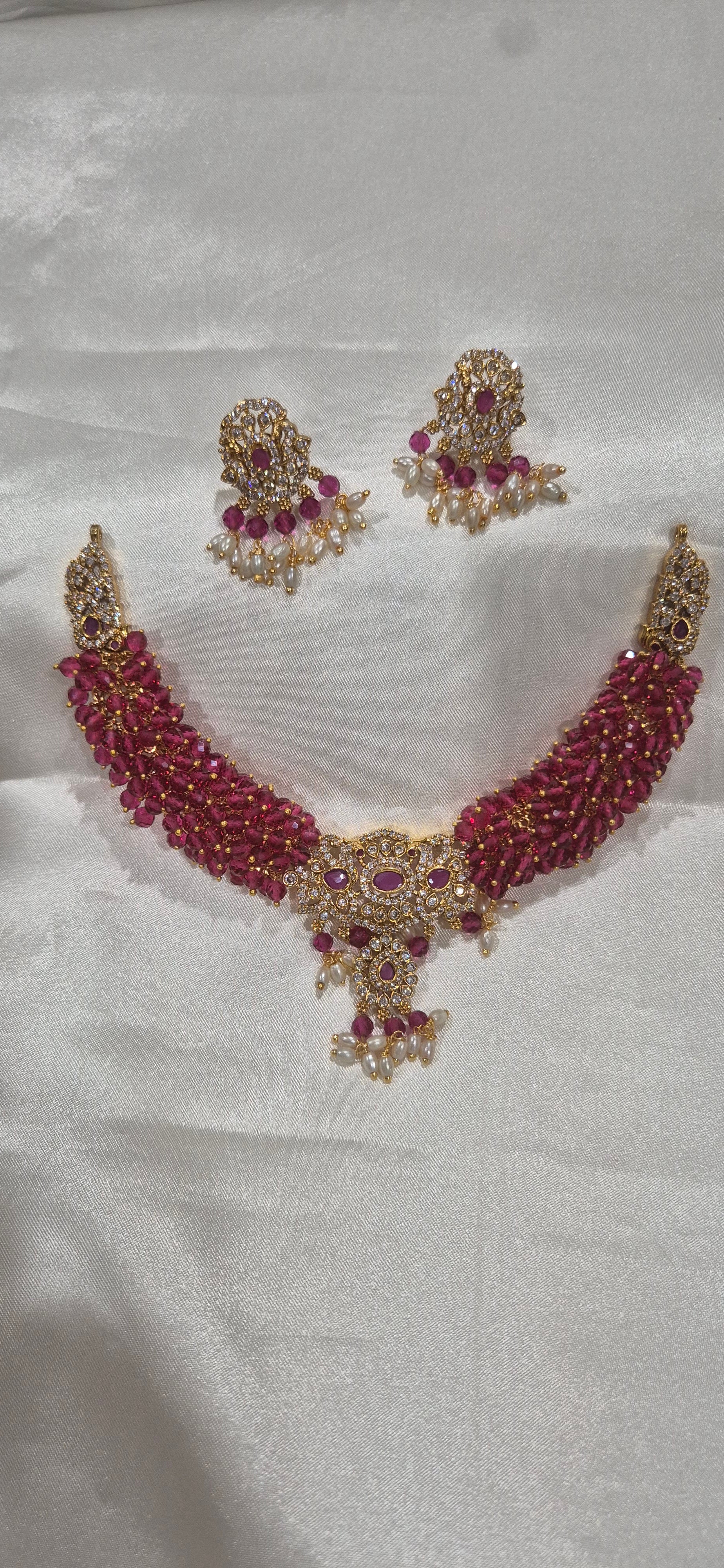 Ruby Red Pearl Choker Set with Earrings