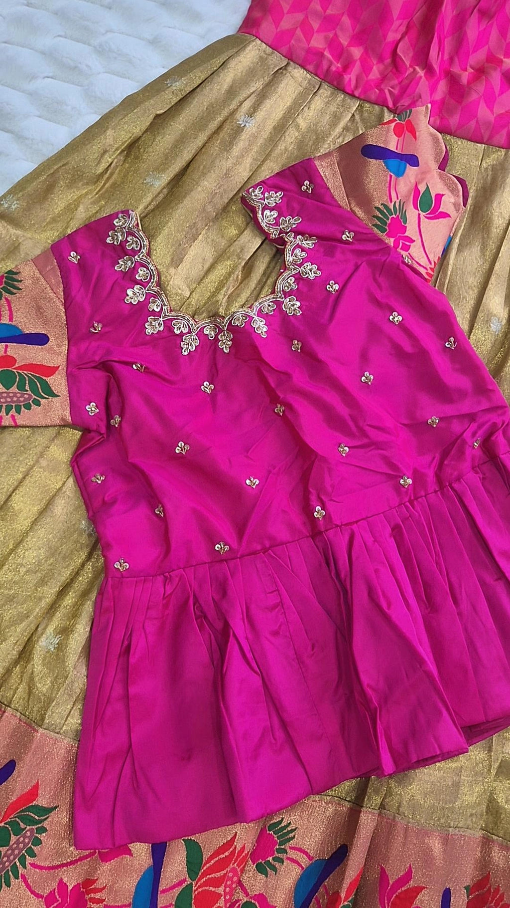 Kids Pattu Pavada – Gold & Pink Floral Border (10–12 Years)