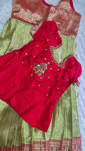 Kids Pattu Pavada – Light Green & Red Peacock Border (10–12 Years)