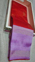 Red Semi Gadwal Pattu Saree with lavender silver zari border and elephant motifs
