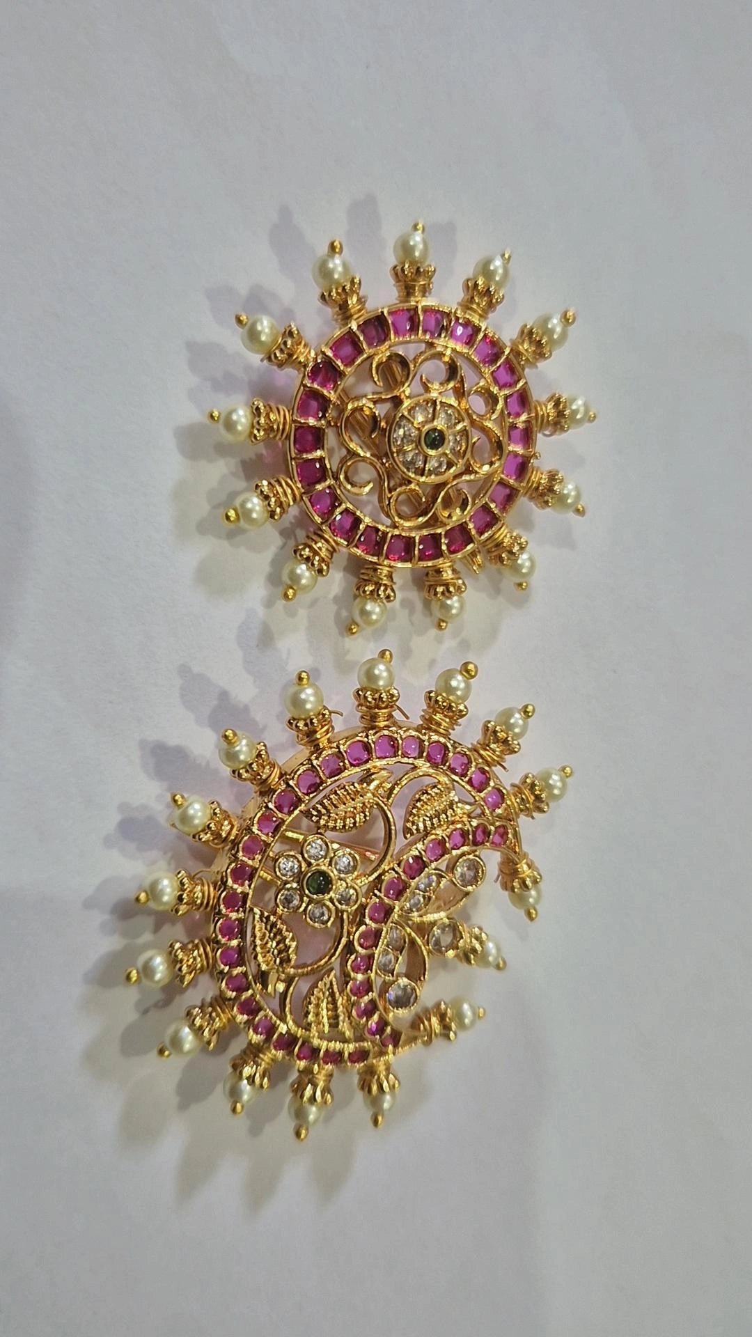 Sun Wheel Hair Accessories – Gold Ruby AD Stone & Pearl Brooch Set