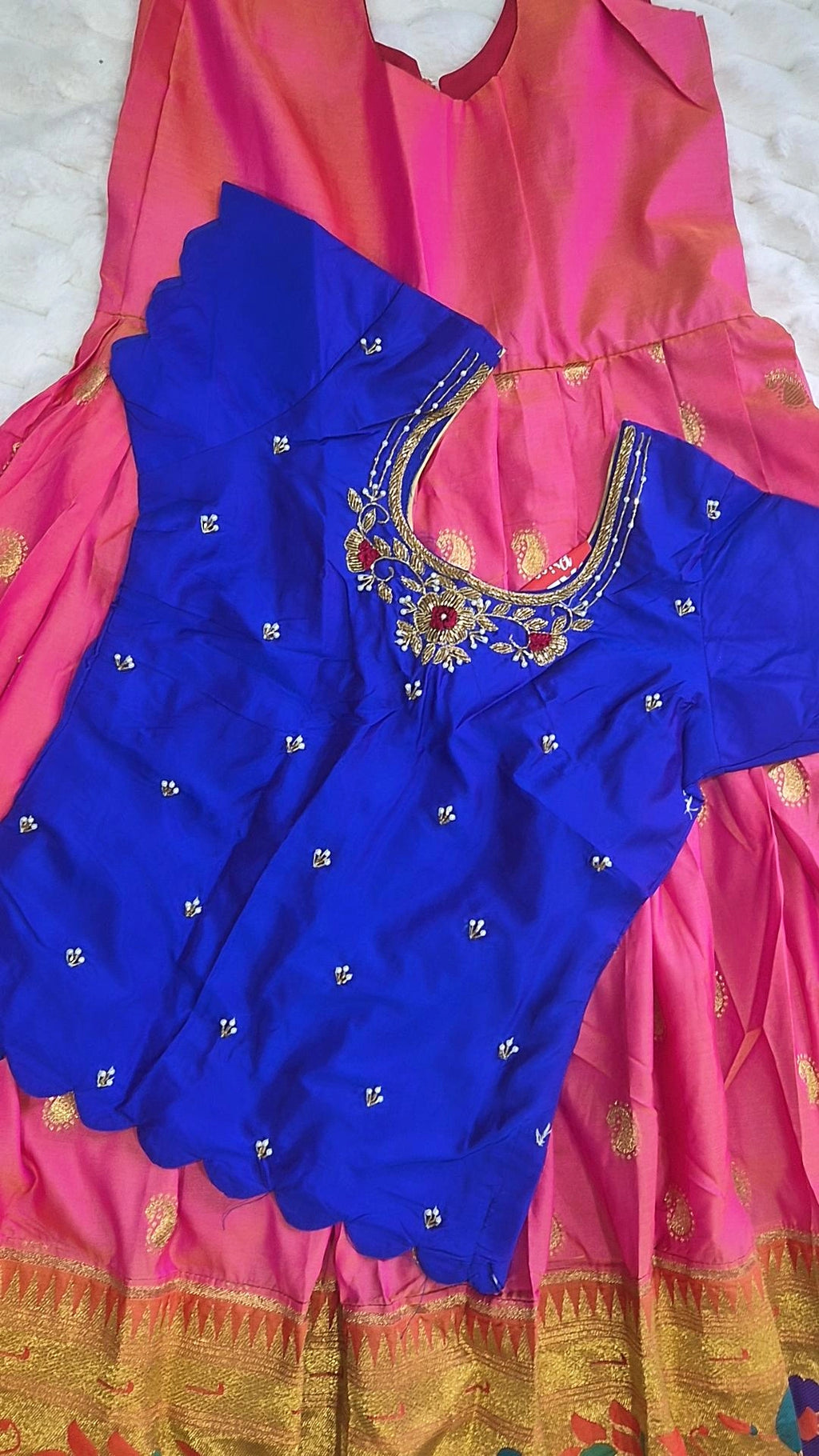 Kids Pattu Pavada – Pink & Blue Floral Border (10–12 Years)