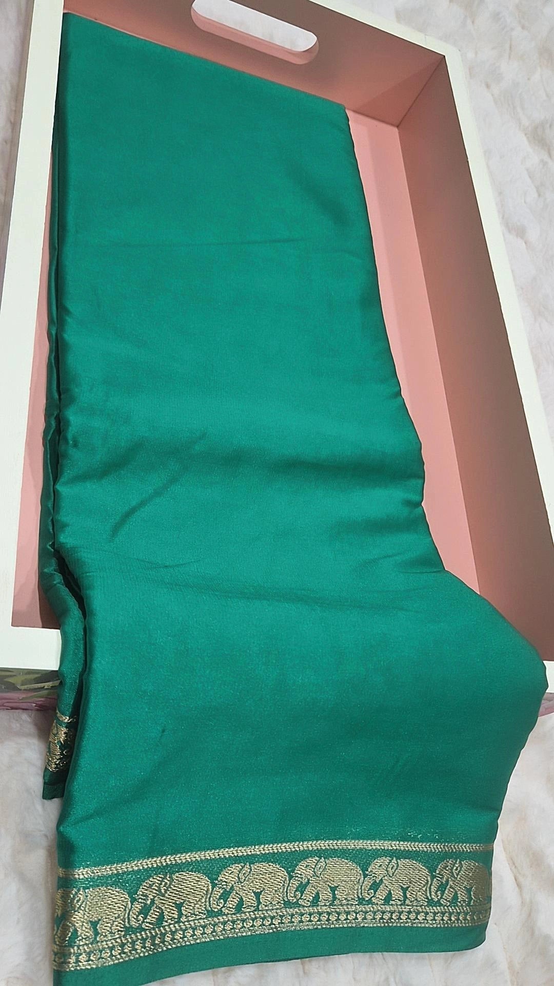 Emerald Green Crepe Silk Saree with Elephant Zari Border