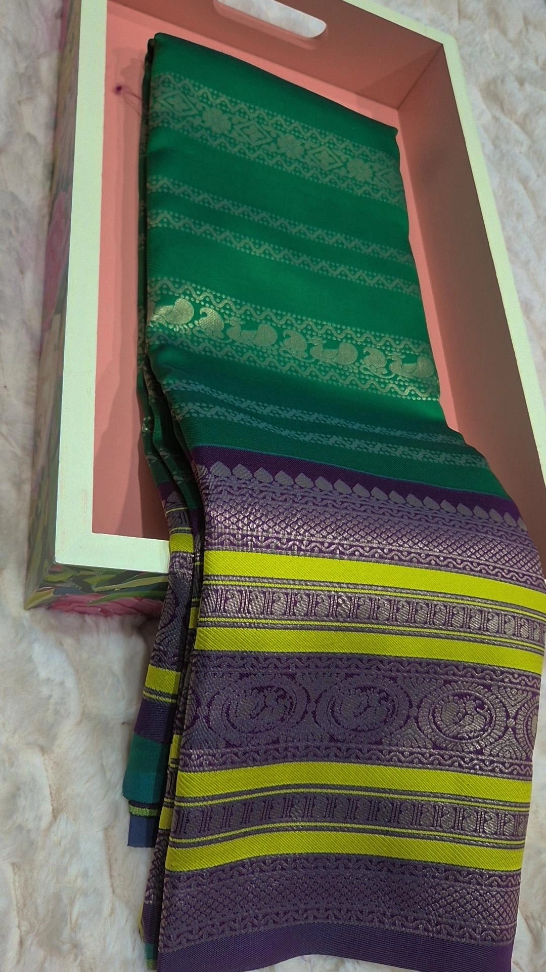 Emerald Green Soft Silk Saree with Purple Contrast Border