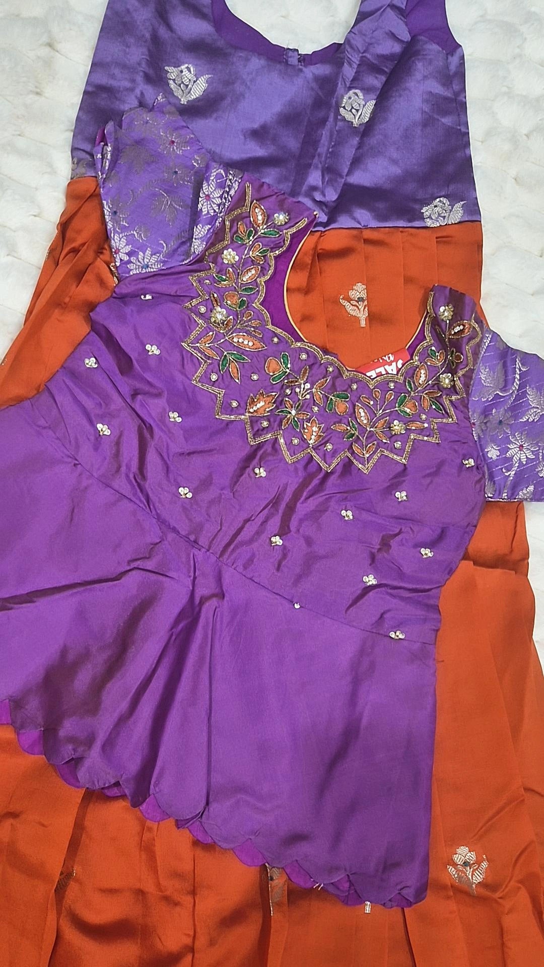 Kids Pattu Pavada – Orange & Purple Floral (10–12 Years)
