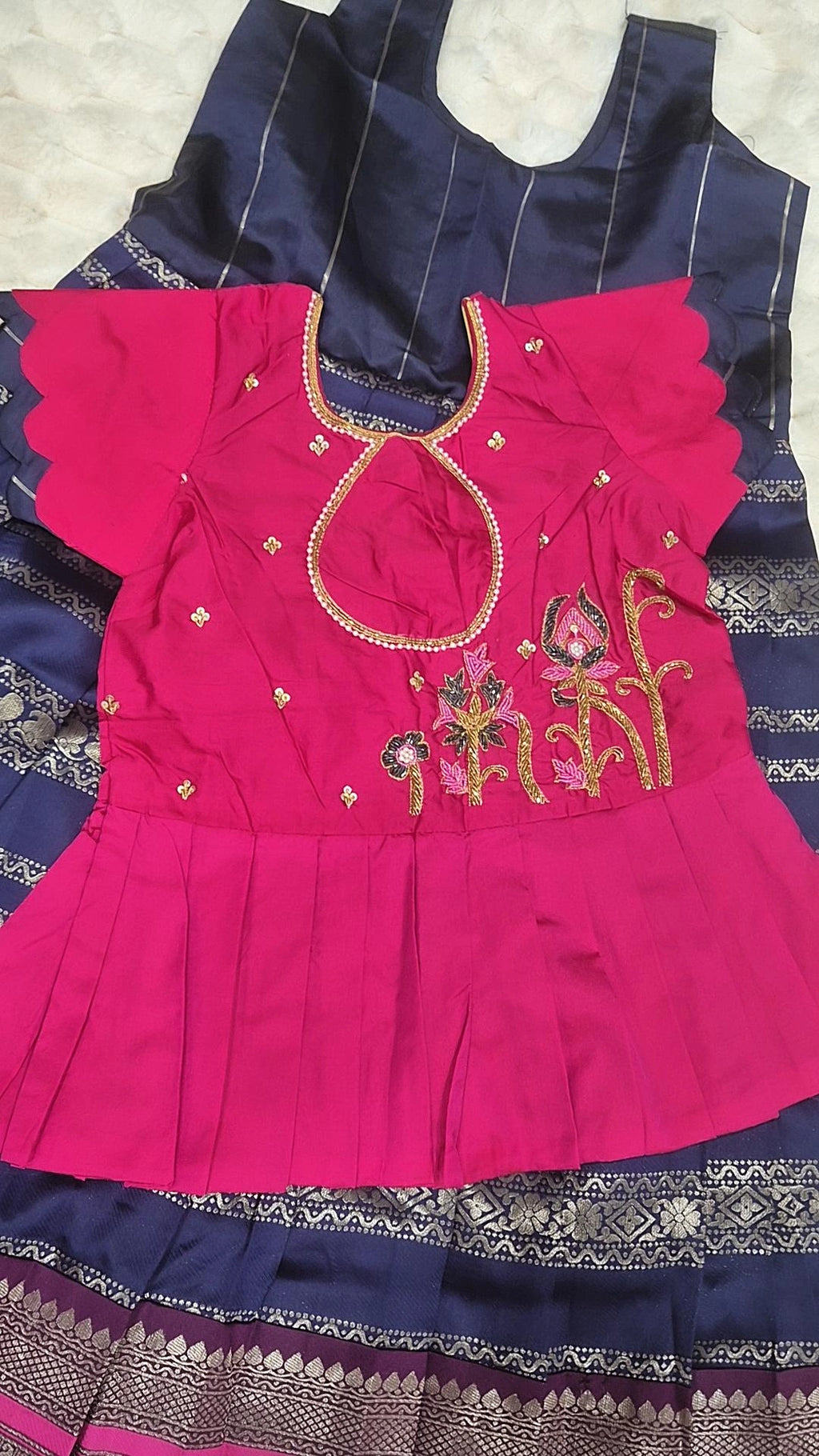 Kids Pattu Pavada – Navy & Pink (10–12 Years)