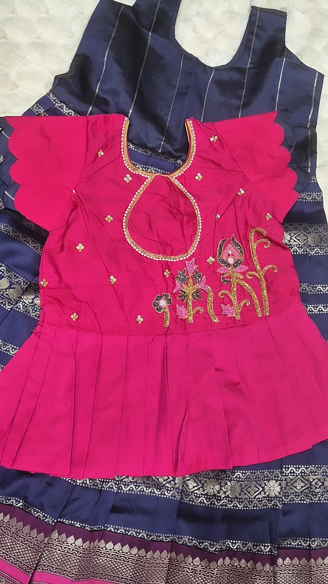 Kids Pattu Pavada – Navy & Pink (10–12 Years)