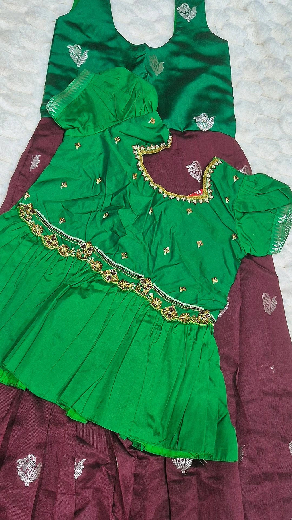 Kids Pattu Pavada – Maroon & Green (10–12 Years)