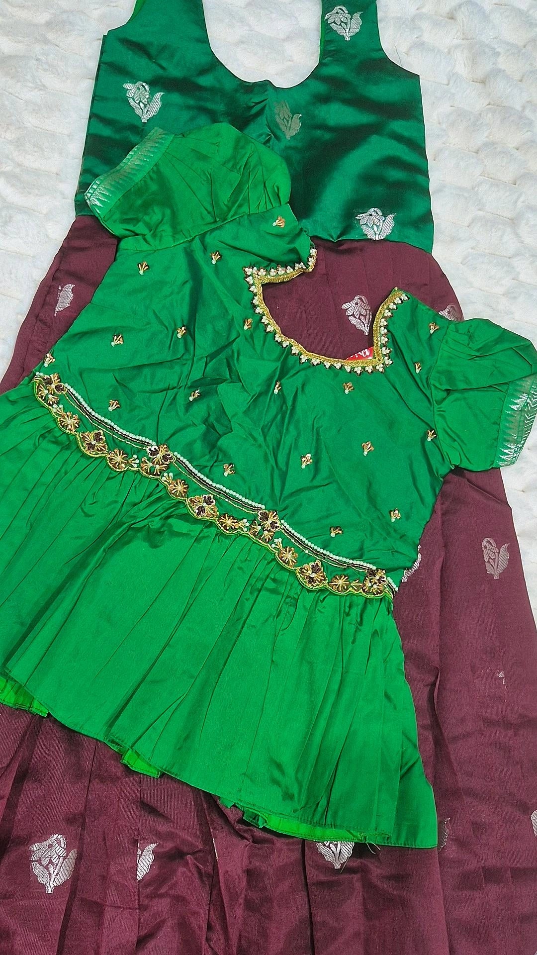 Kids Pattu Pavada – Maroon & Green (10–12 Years)