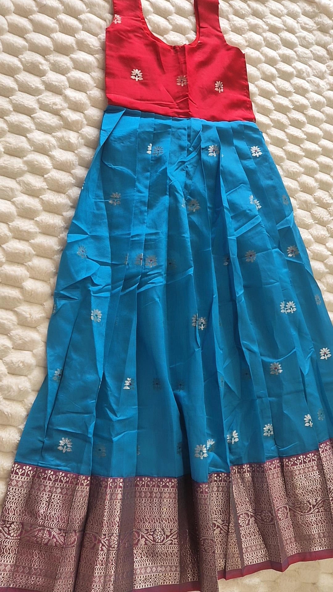 Kids Pattu Pavada – Blue & Red (10–12 Years)