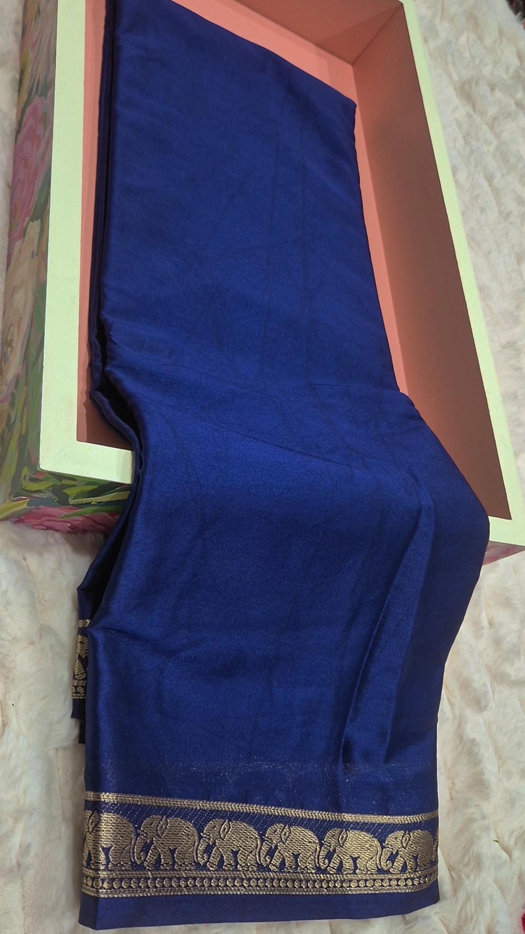 Royal Blue Crepe Silk Saree with Elephant Zari Border