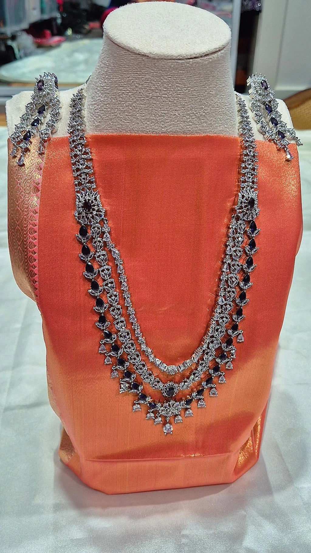 Black Silver Triple Strand Diamond Necklace Set with Earrings