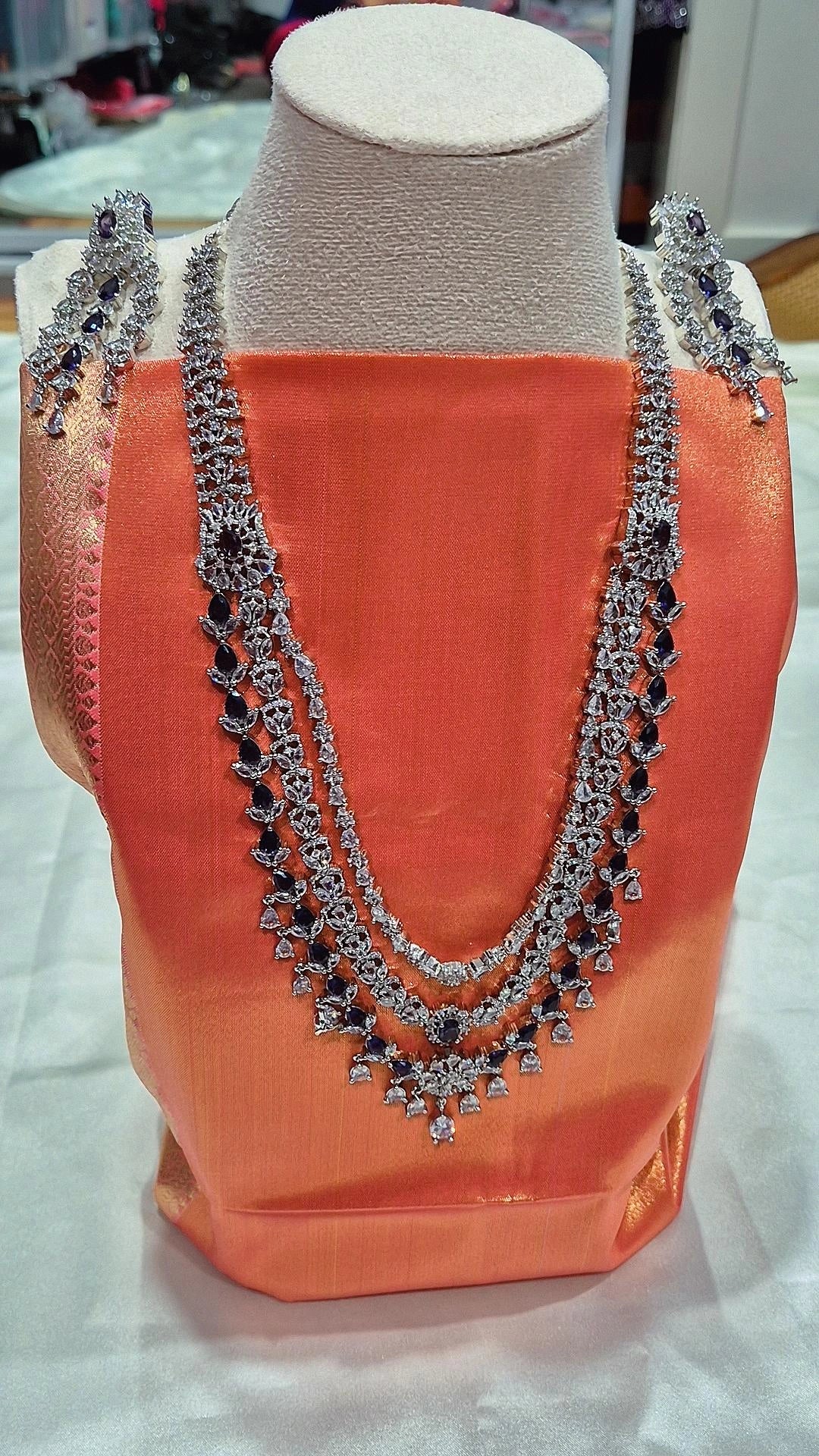 Black Silver Triple Strand Diamond Necklace Set with Earrings