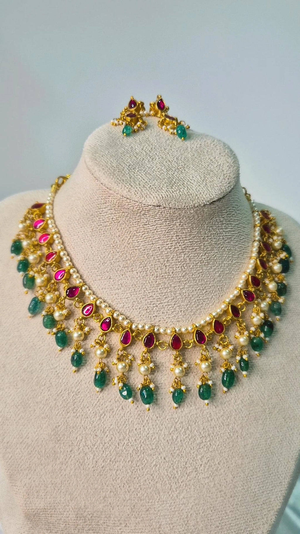 Jadau Kundan Ruby Emerald Pearl Choker