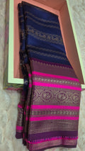 Navy Blue Soft Silk Saree with Magenta Pink Contrast Border