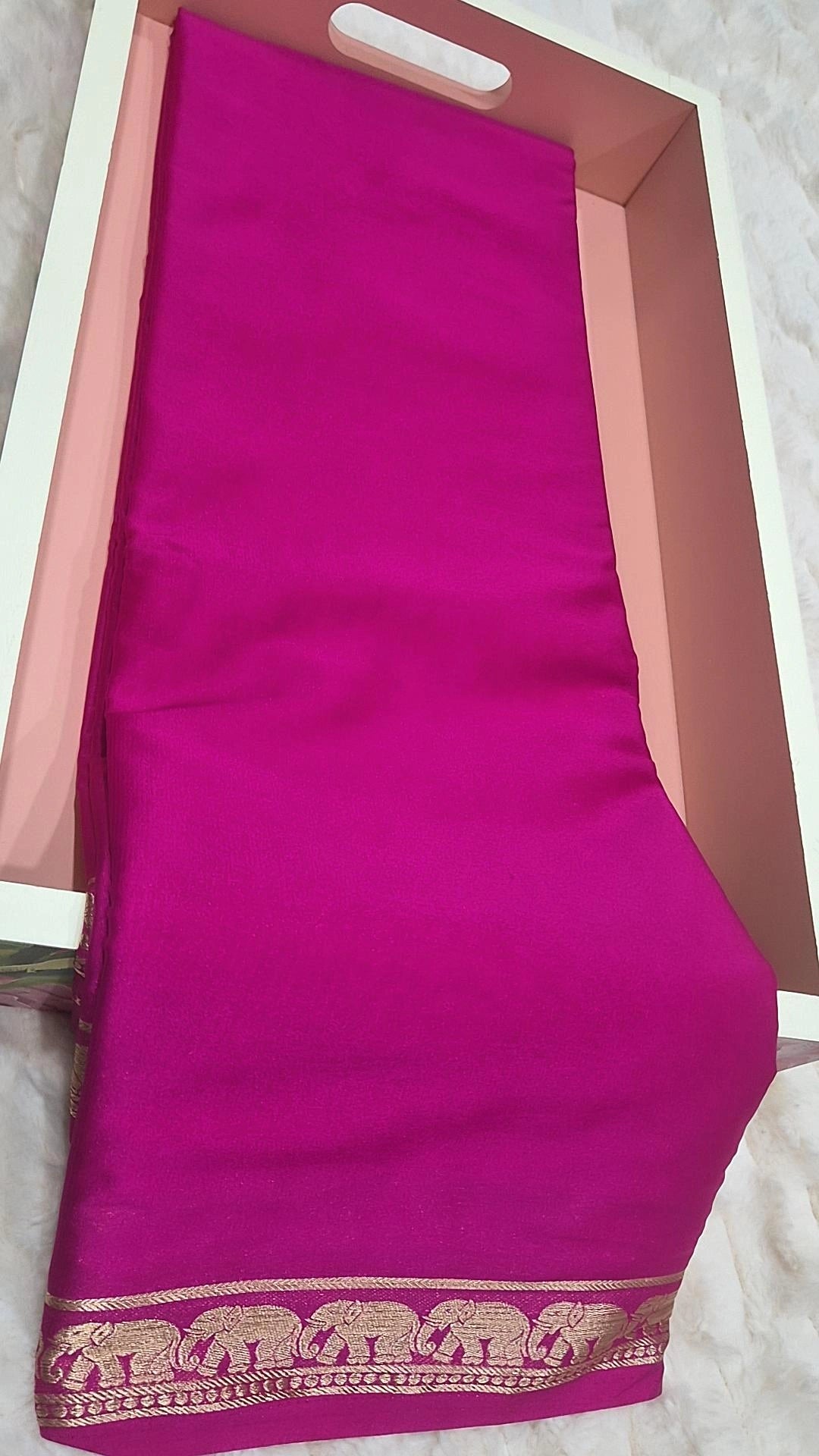 Magenta Pink Crepe Silk Saree with Elephant Zari Border