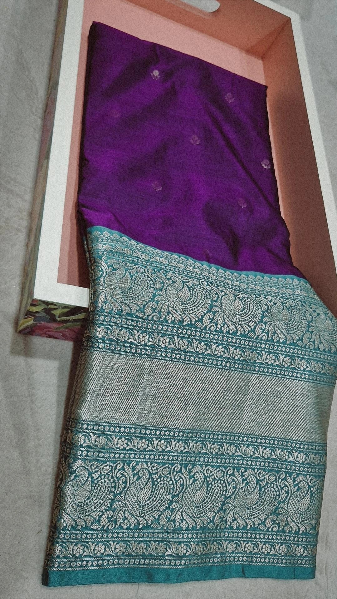 Purple Banarasi Kanchi Saree with gold butta and teal zari border